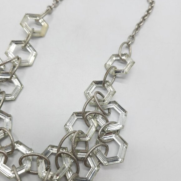 Clear Silver Tone Hexagon Link Statement Necklace By Erica Lyons - Picture 2 of 7